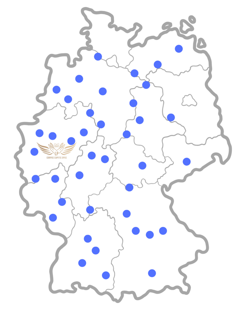 Originale Deutschlandkarte mit Herkunftsorten von Klienten und CCO-Standort bei Bonn